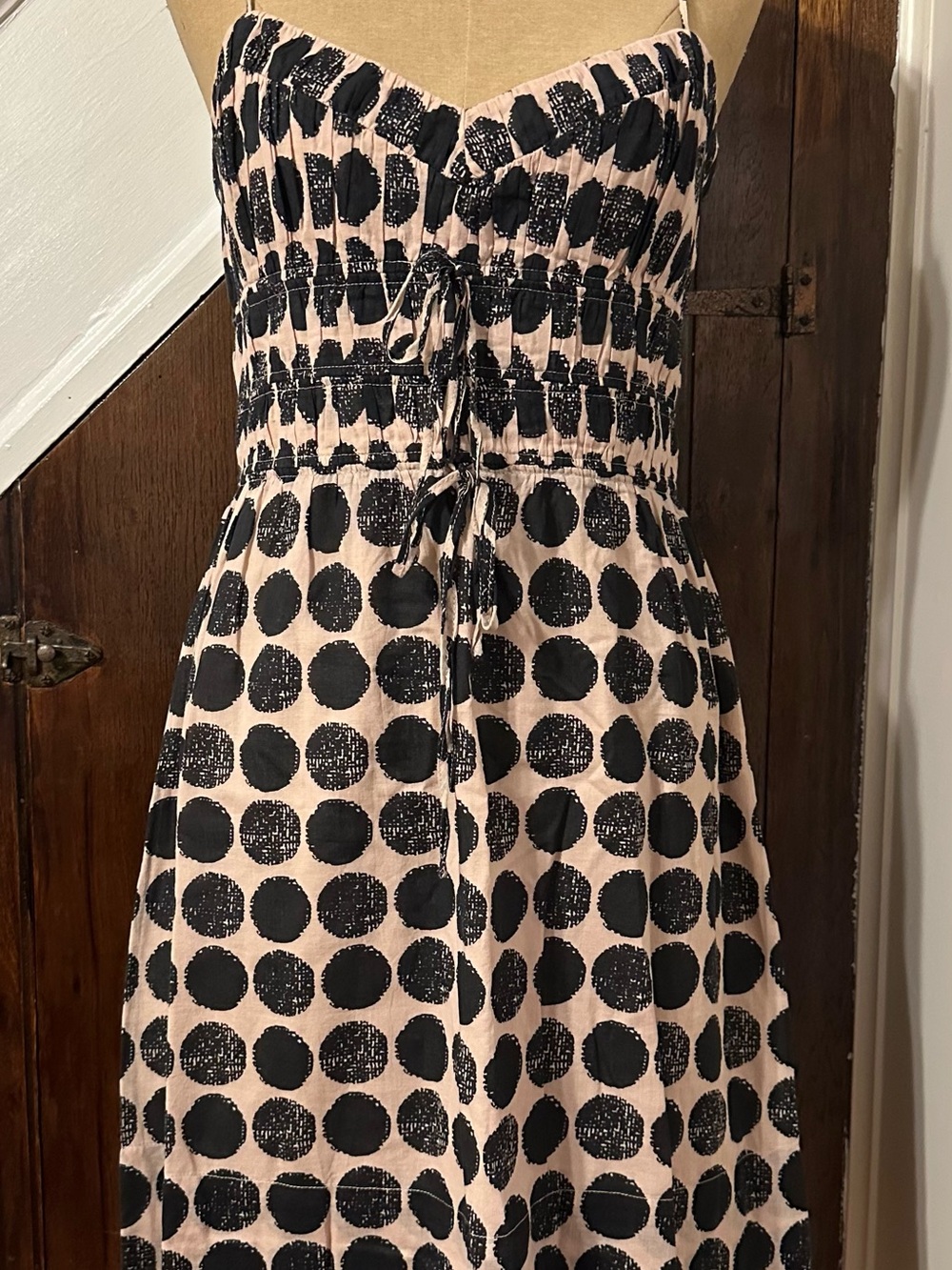 Tocca Strapless Cream Dress with Black Polka Dots